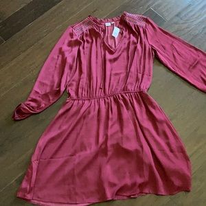 GAP-open long sleeve swing dress-red with red and blue stitching at neckline.